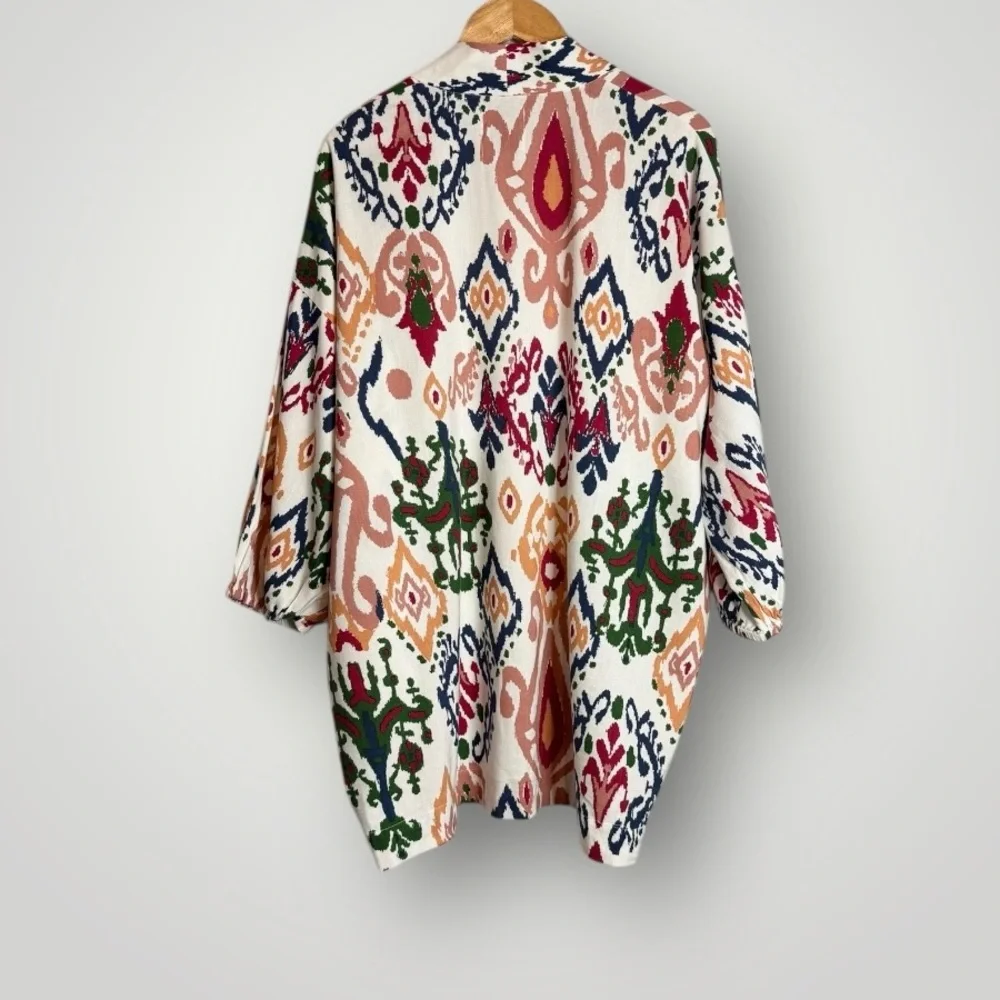 Zara The Hanoi Open Kimono Ikat Print Womens Size Medium Pockets Linen Blend EUC - Picture 4 of 9